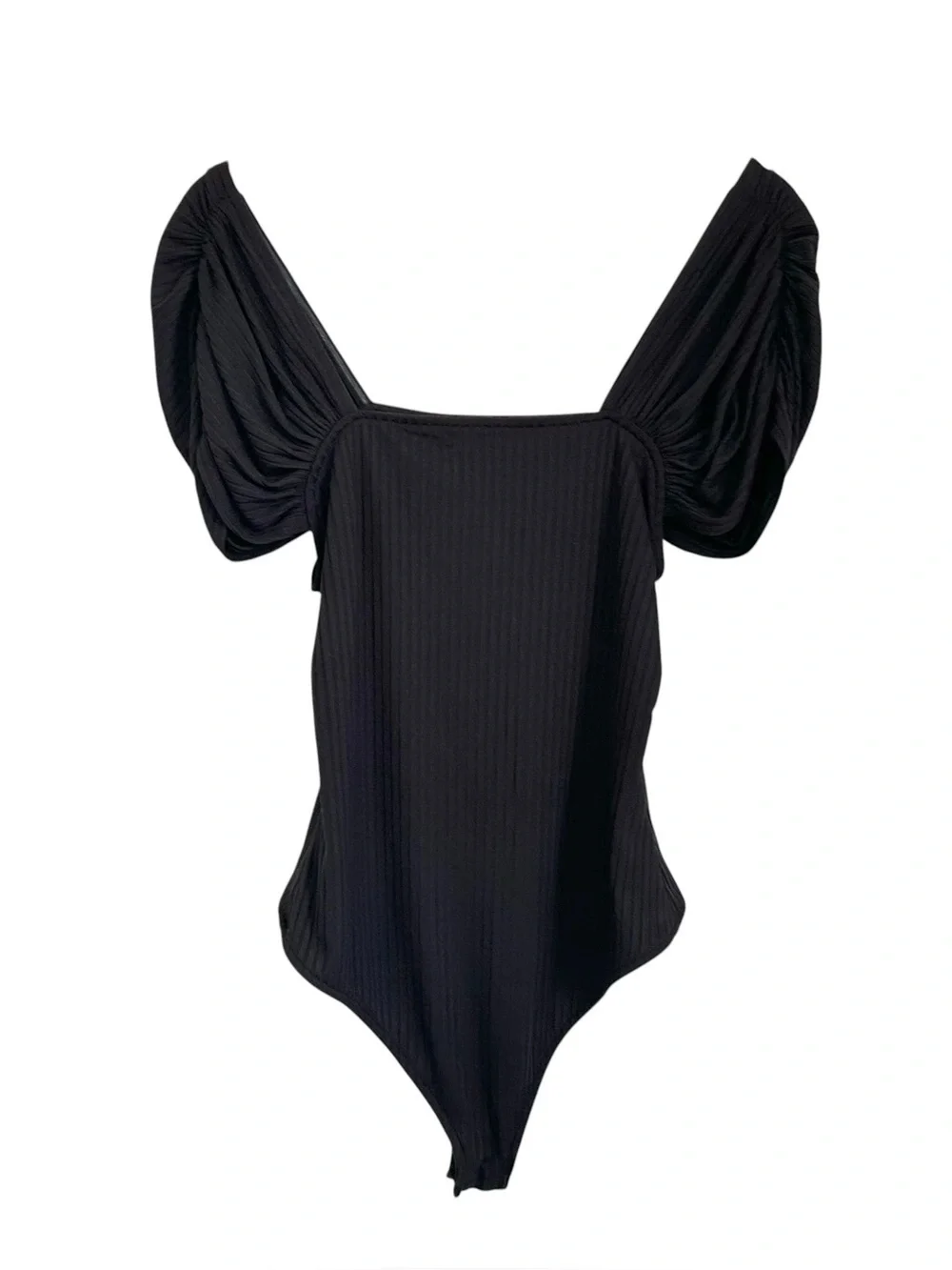Intimately Free People Women Ribbed Square Neck Puff Sleeve Bodysuit Large Black